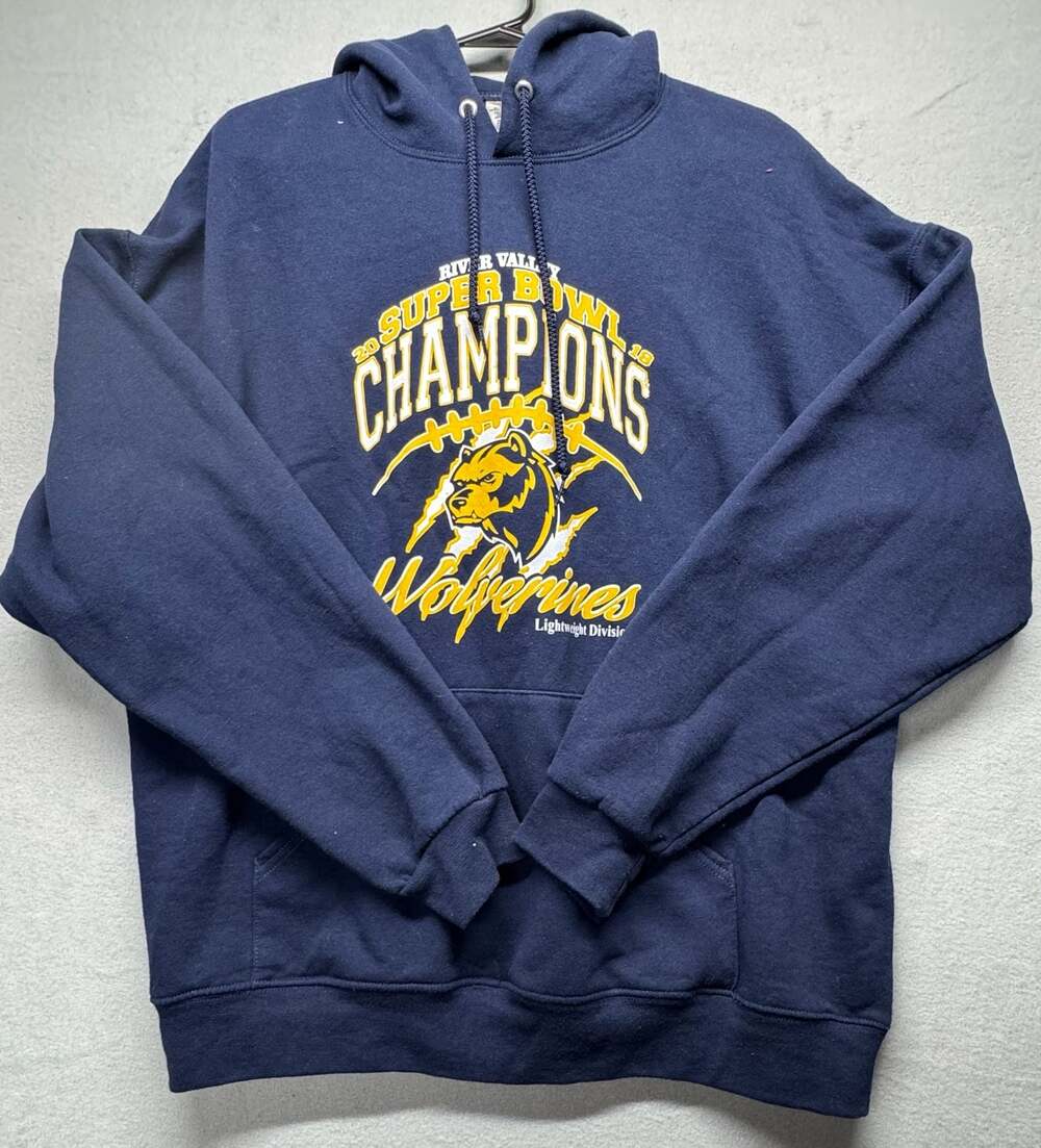 Jerzees NuBlend River Valley Wolverines Super Bowl Champs Hoodie Navy Blue XL